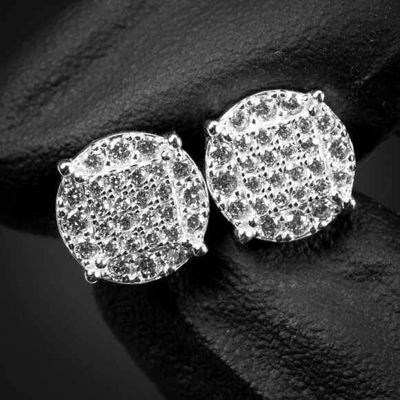 Men's Round Micro Pave Set White Gold Sterling Silver Stud Screw Back Earrings - Picture 1 of 5